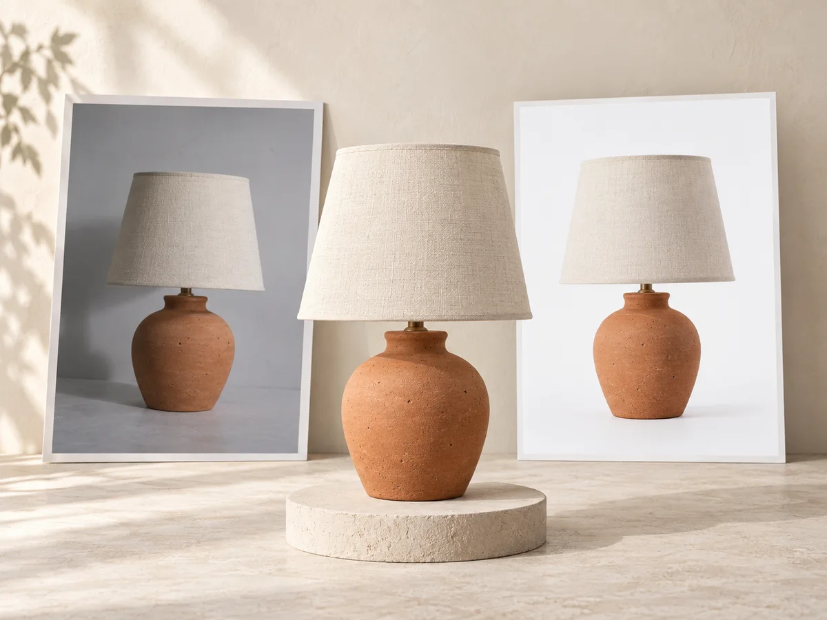 A terracotta lamp shown as an unedited product photo, the physical product, and a polished marketplace photo.